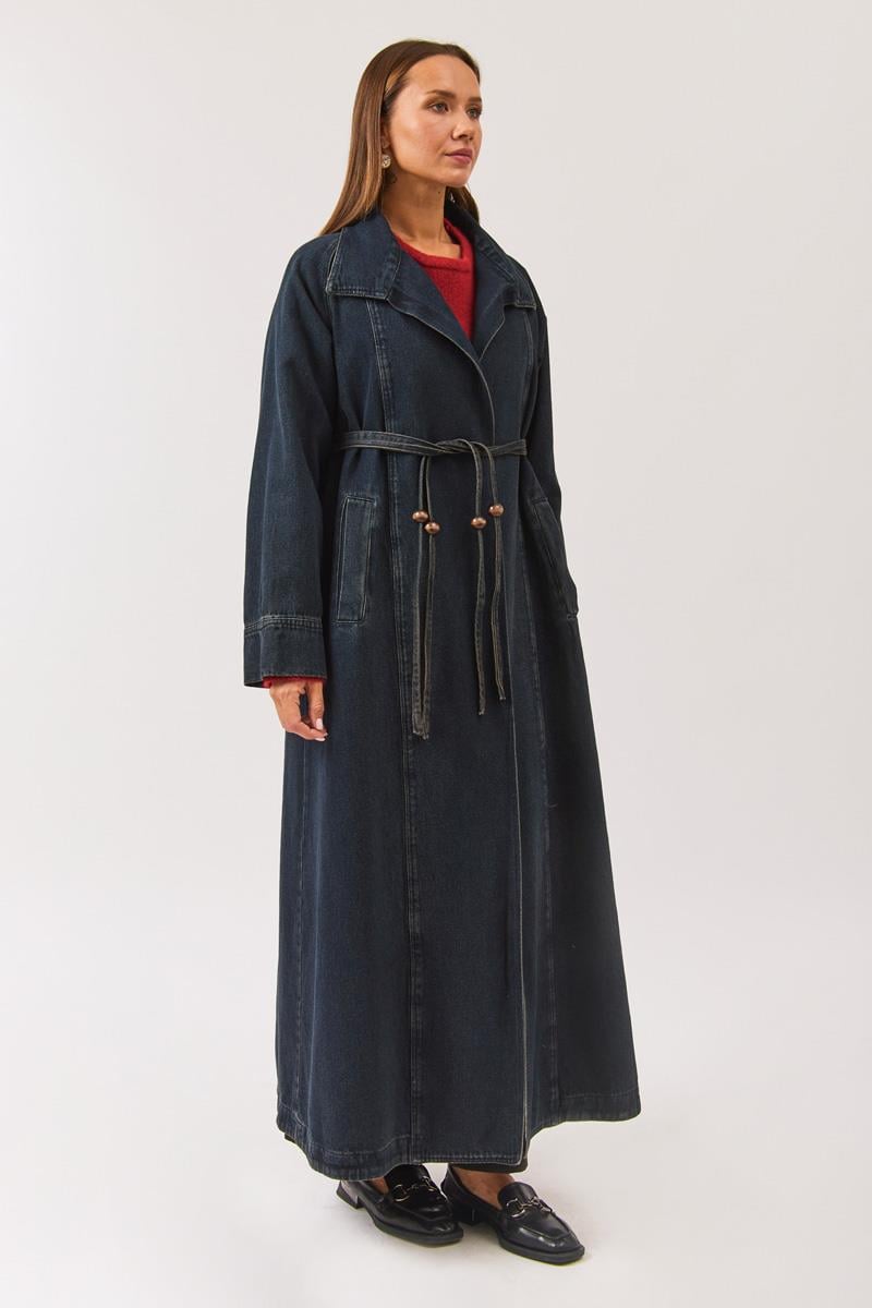 Uzun Kruvaze Denim Trençkot Koyu Mavi