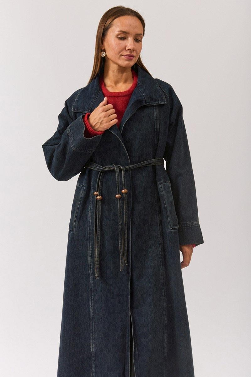 Uzun Kruvaze Denim Trençkot Koyu Mavi