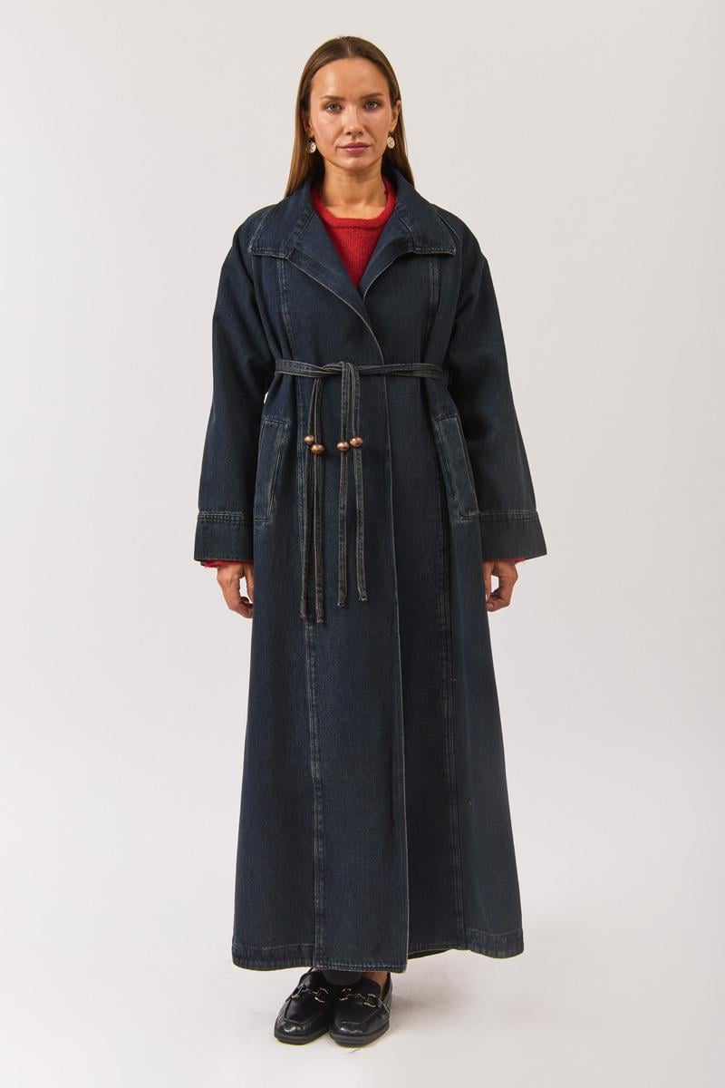 Uzun Kruvaze Denim Trençkot Koyu Mavi