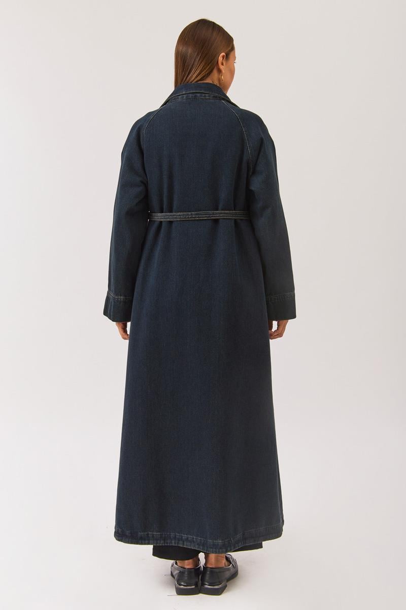 Uzun Kruvaze Denim Trençkot Koyu Mavi