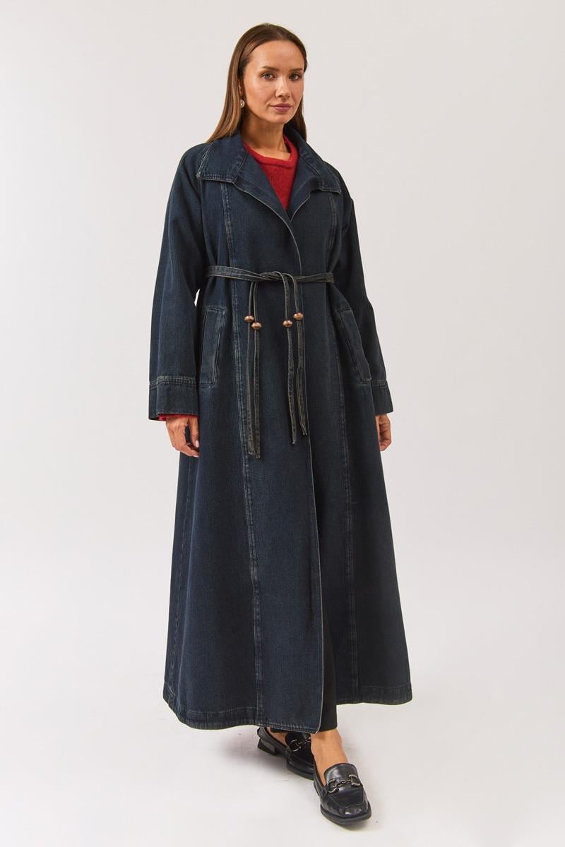 Uzun Kruvaze Denim Trençkot Koyu Mavi