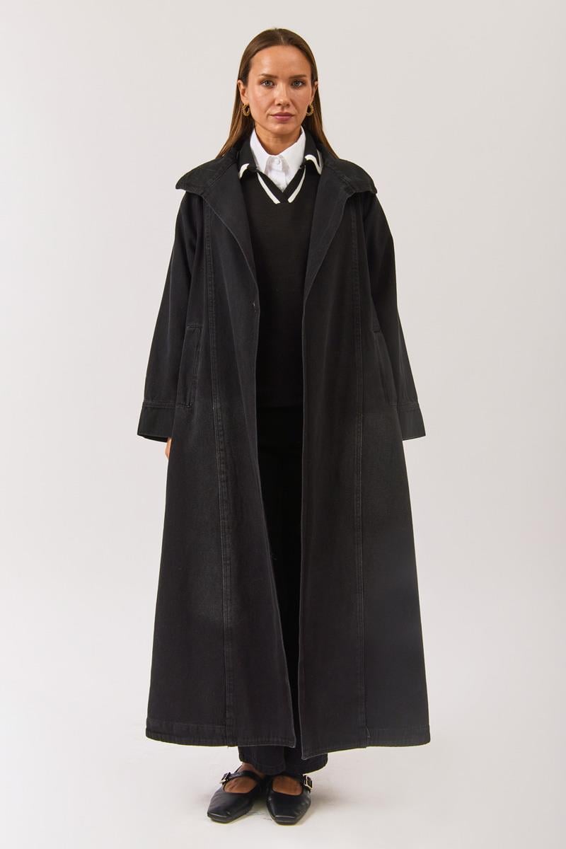 Uzun Kruvaze Denim Trençkot Siyah