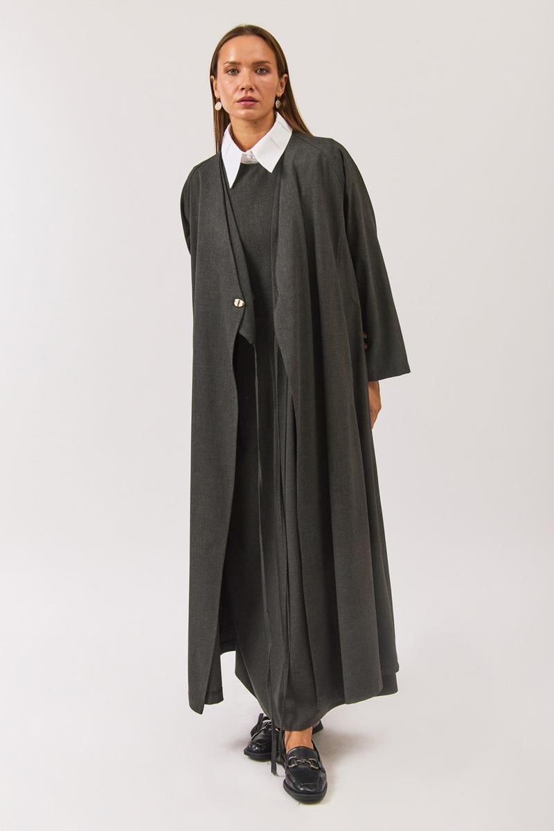 V Yaka Bağlamalı Abaya Antrasit