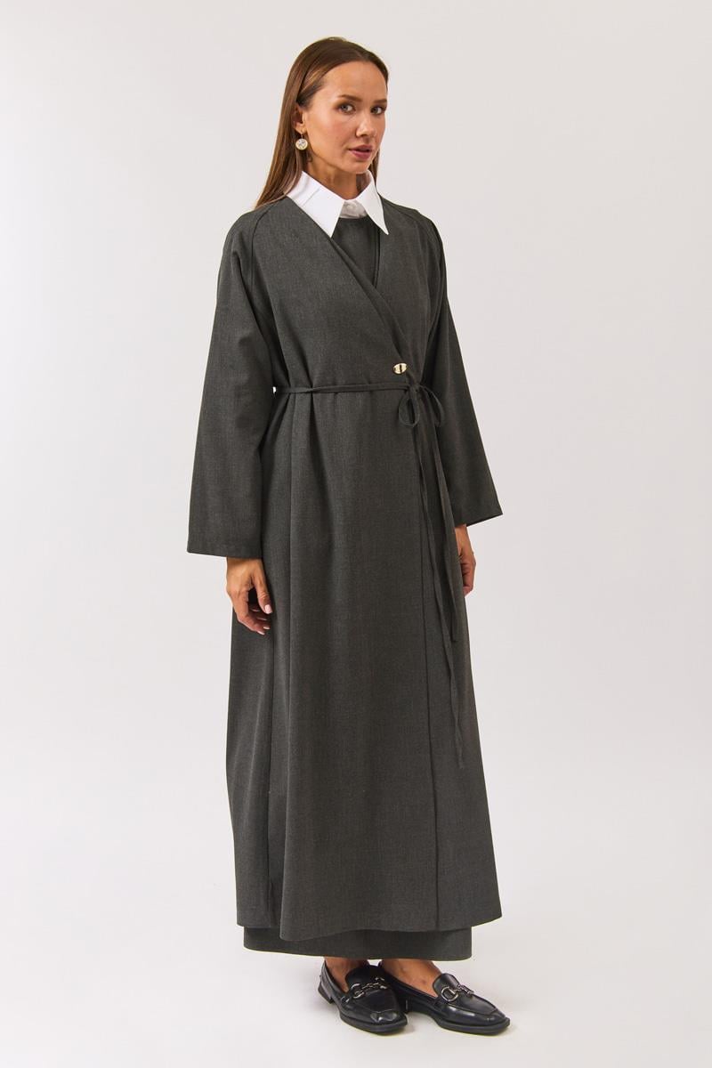 V Yaka Bağlamalı Abaya Antrasit