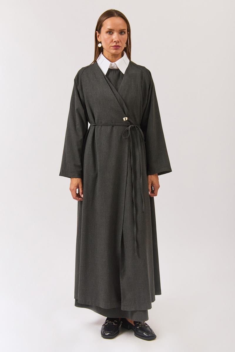 V Yaka Bağlamalı Abaya Antrasit