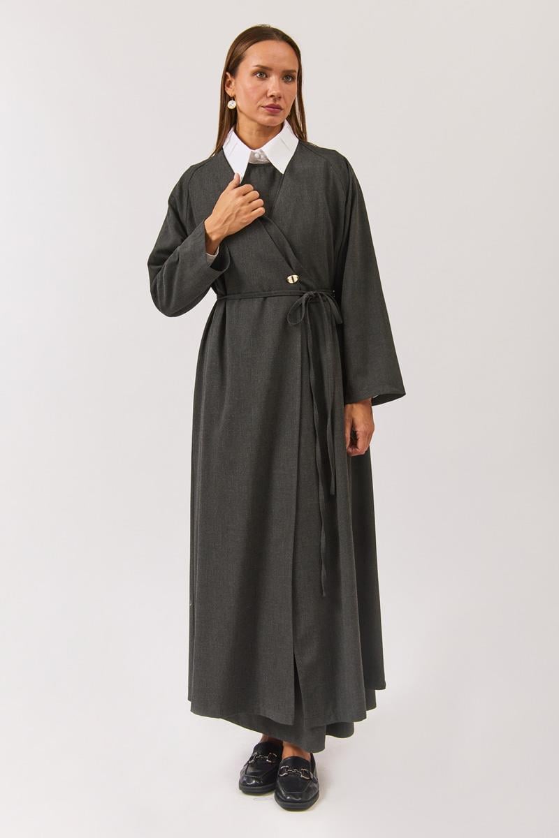 V Yaka Bağlamalı Abaya Antrasit