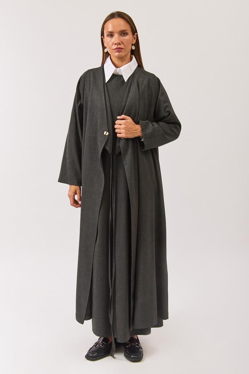 V Yaka Bağlamalı Abaya Antrasit