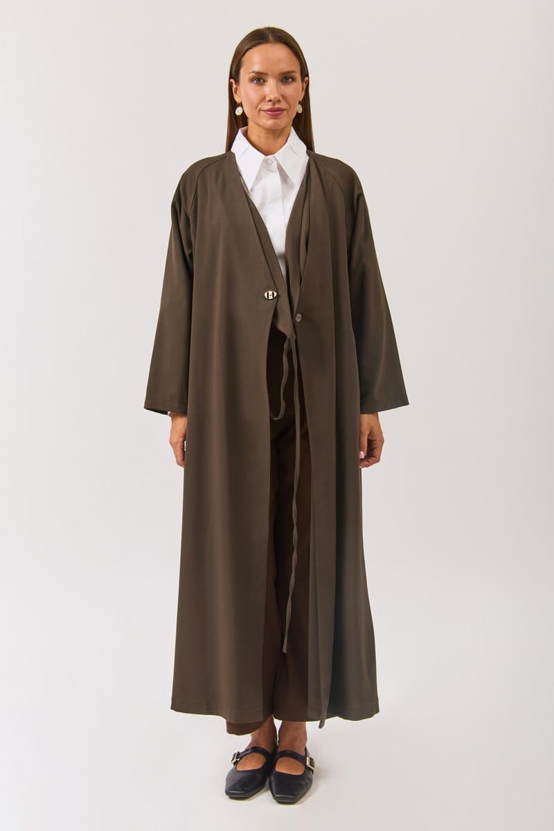 V Yaka Bağlamalı Abaya Kahverengi