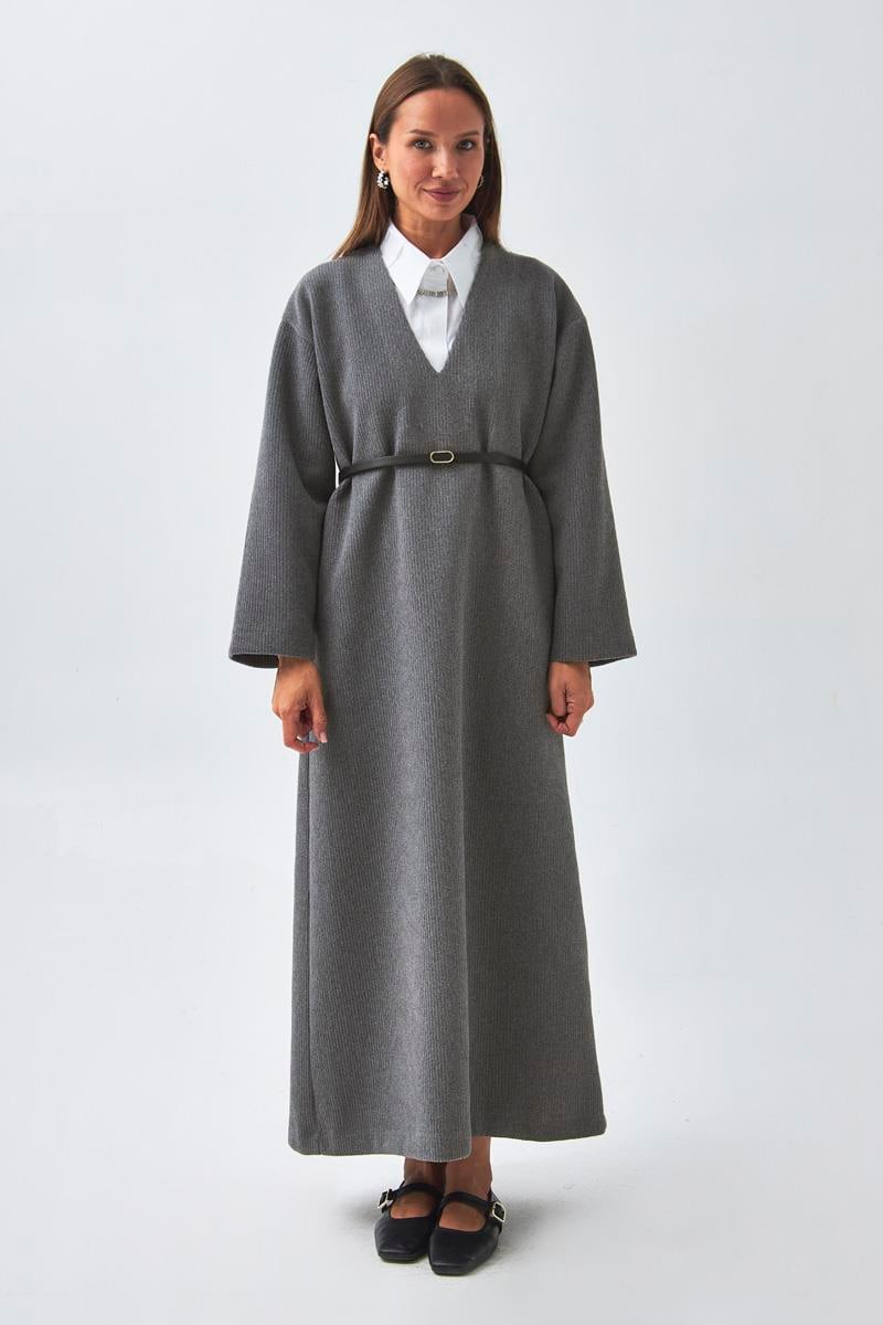 V Yaka Çizgi Dokulu Elbise Antrasit