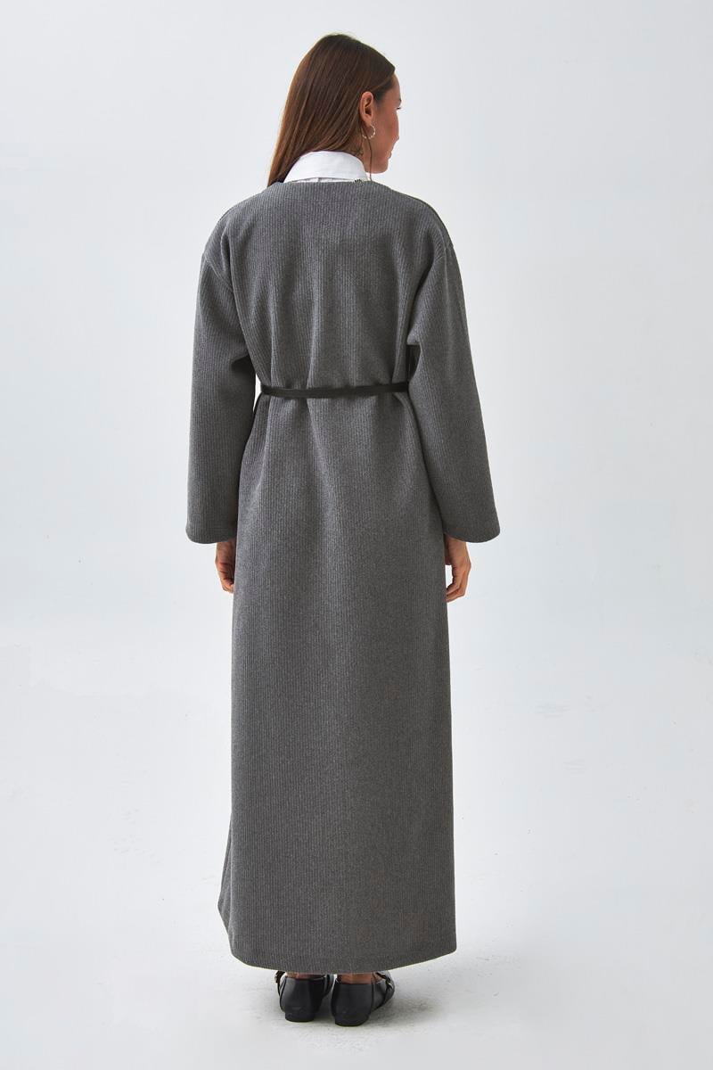 V Yaka Çizgi Dokulu Elbise Antrasit