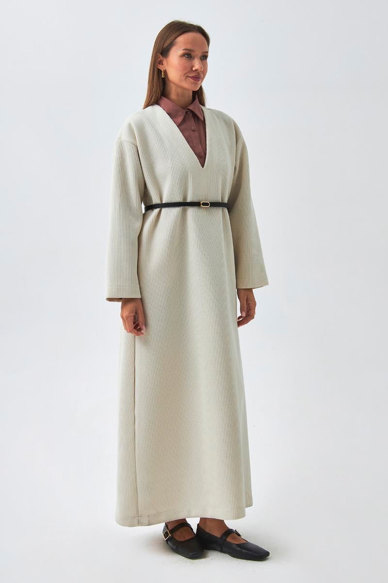 V Yaka Çizgi Dokulu Elbise Ekru