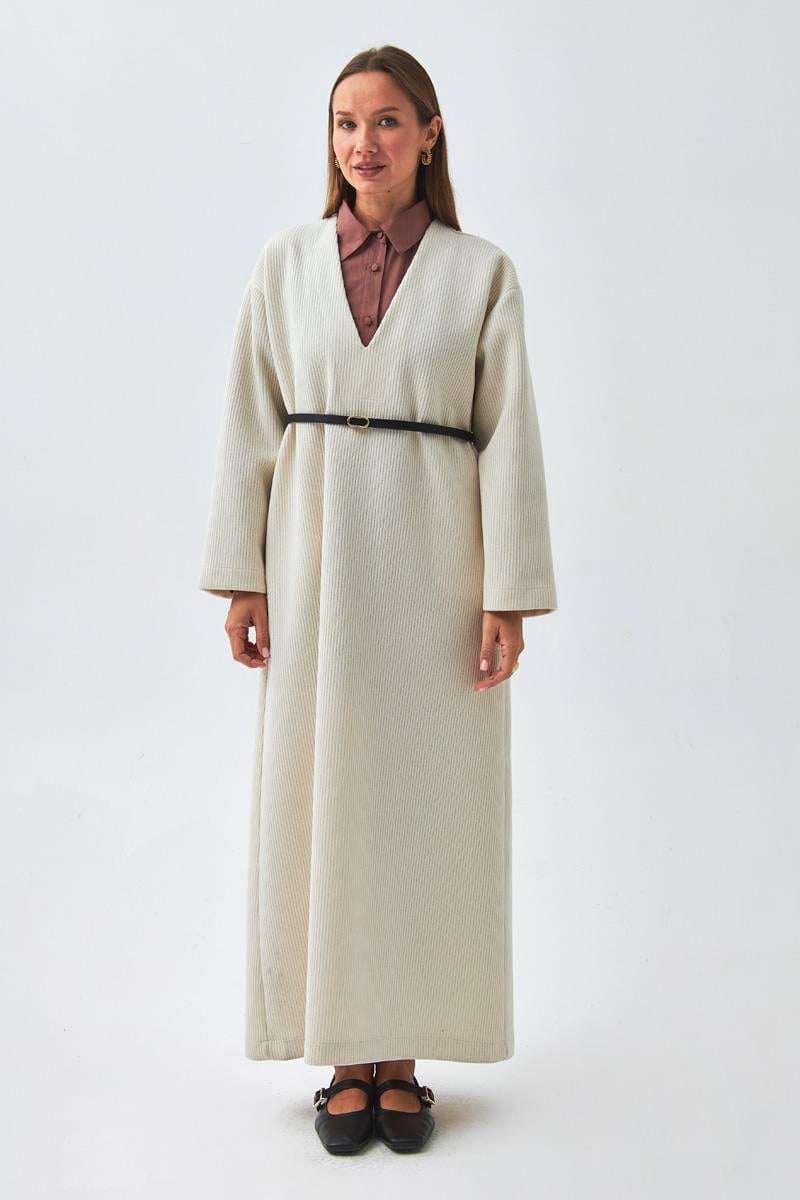 V Yaka Çizgi Dokulu Elbise Ekru