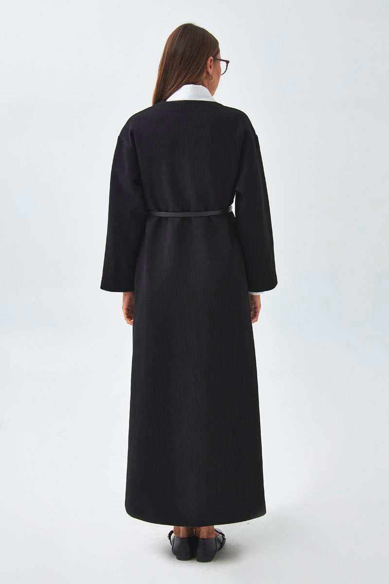 V Yaka Çizgi Dokulu Elbise Siyah