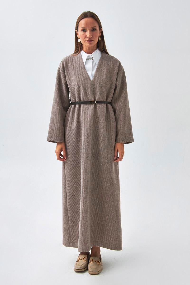 V Yaka Çizgi Dokulu Elbise Vizon