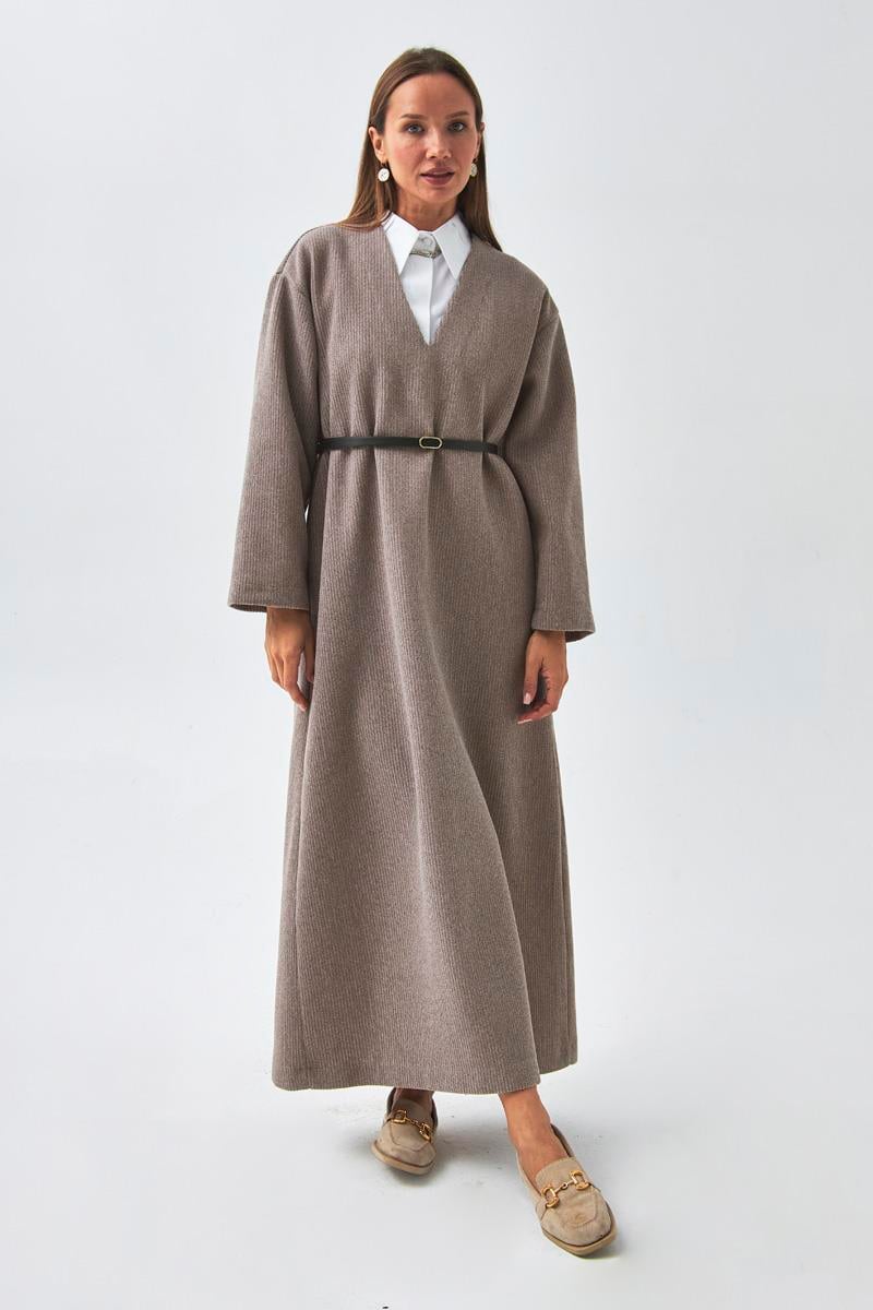 V Yaka Çizgi Dokulu Elbise Vizon