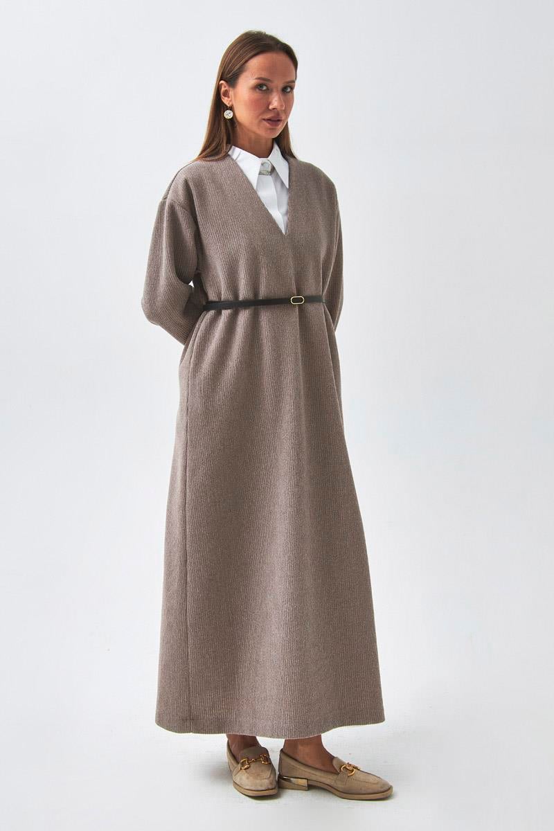 V Yaka Çizgi Dokulu Elbise Vizon