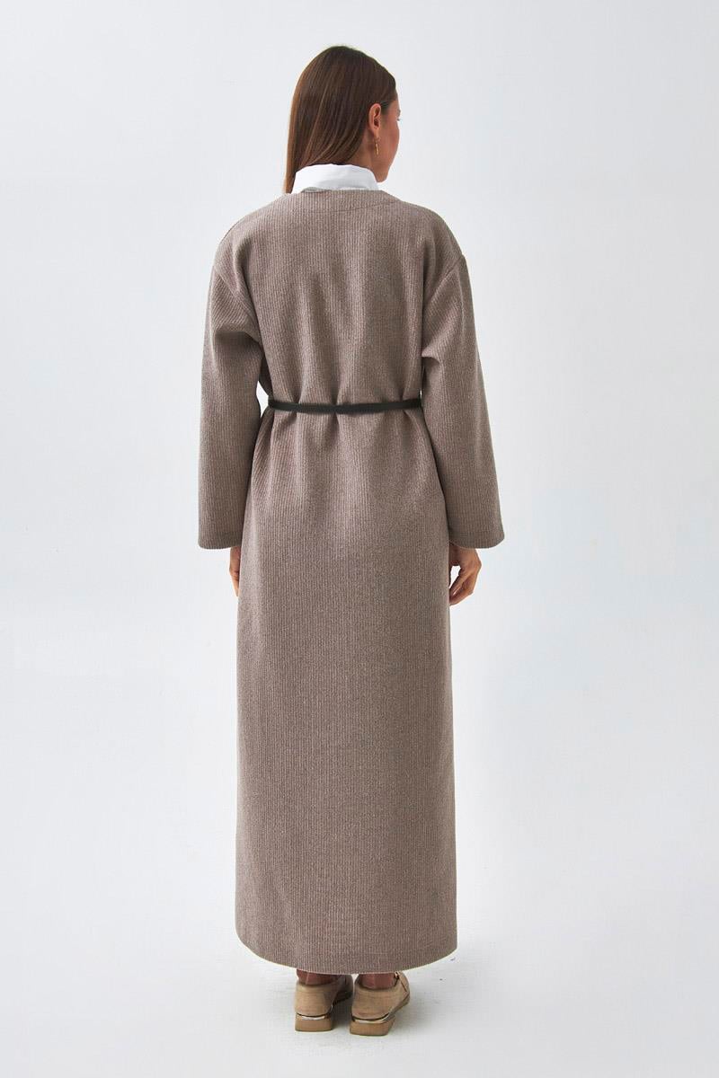 V Yaka Çizgi Dokulu Elbise Vizon