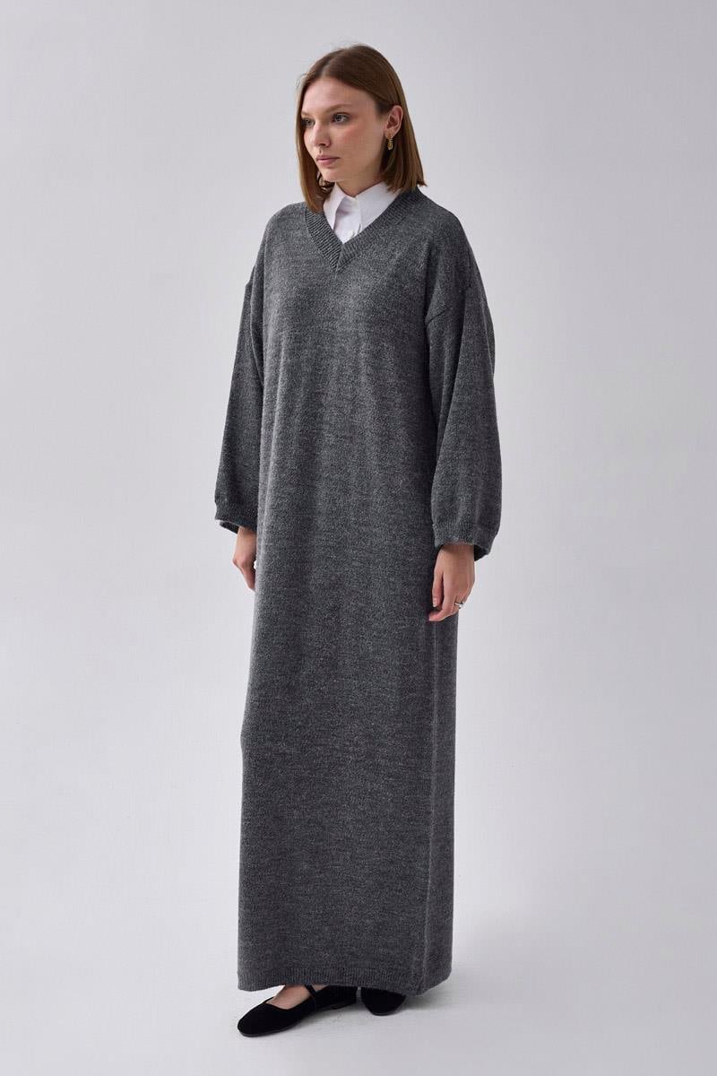 V Yaka Triko Elbise Antrasit