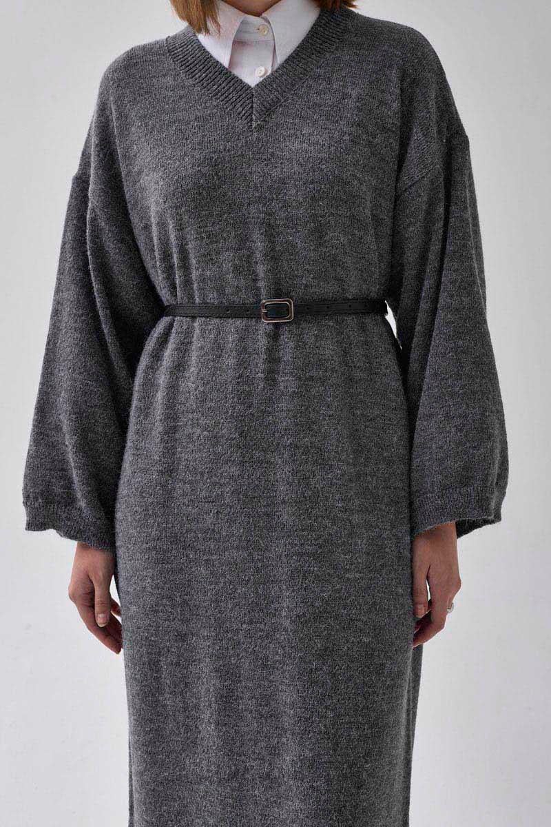 V Yaka Triko Elbise Antrasit