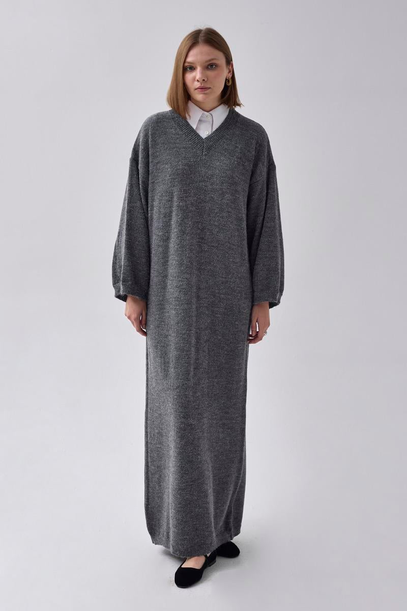 V Yaka Triko Elbise Antrasit