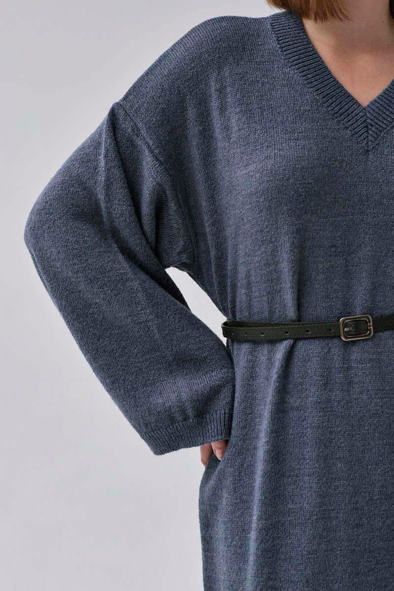 V Yaka Triko Elbise İndigo