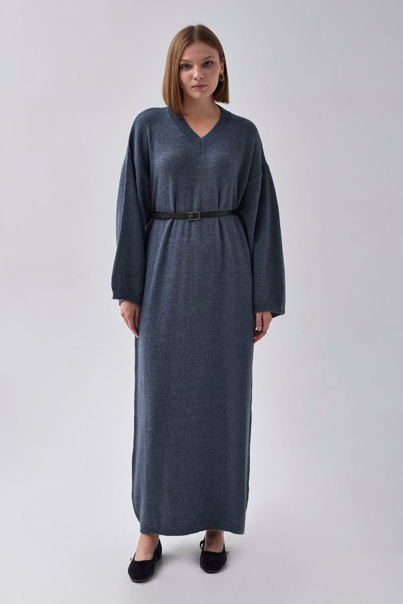 V Yaka Triko Elbise İndigo