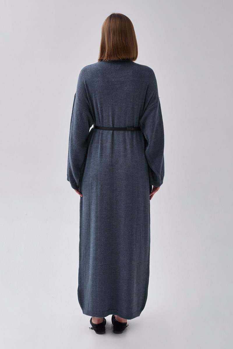 V Yaka Triko Elbise İndigo