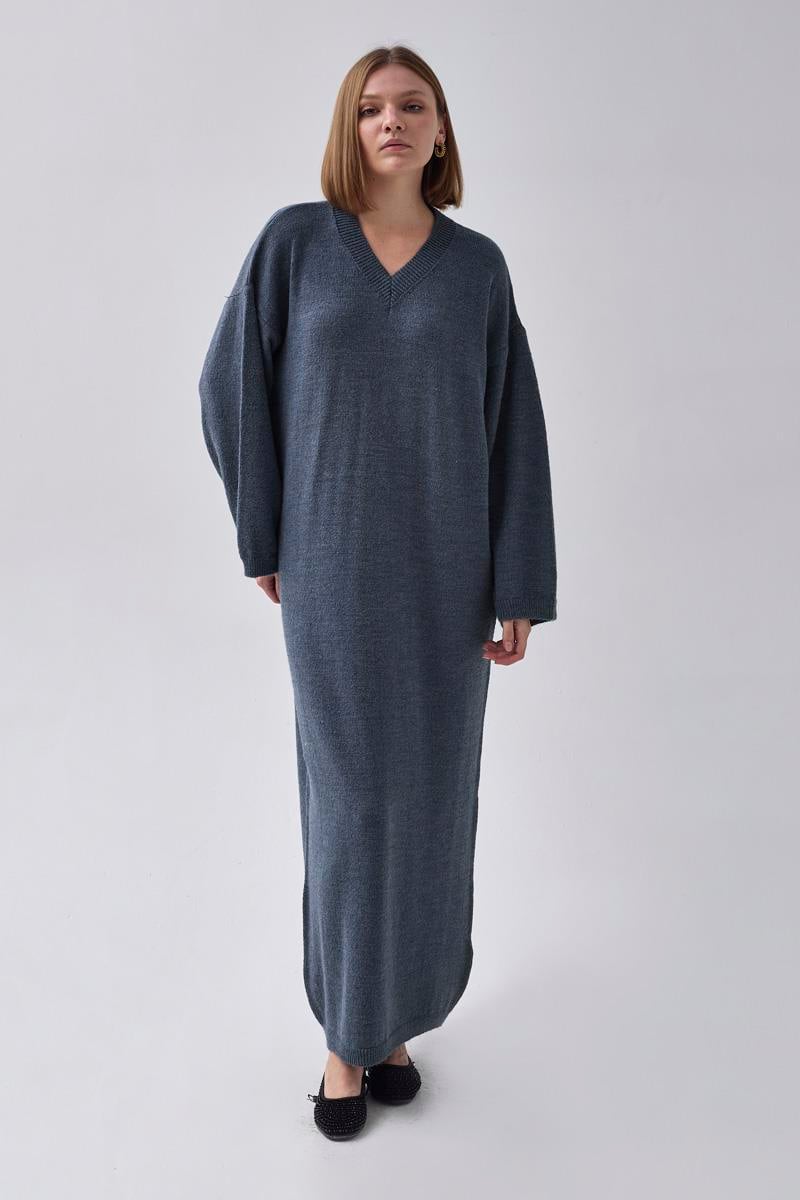 V Yaka Triko Elbise İndigo