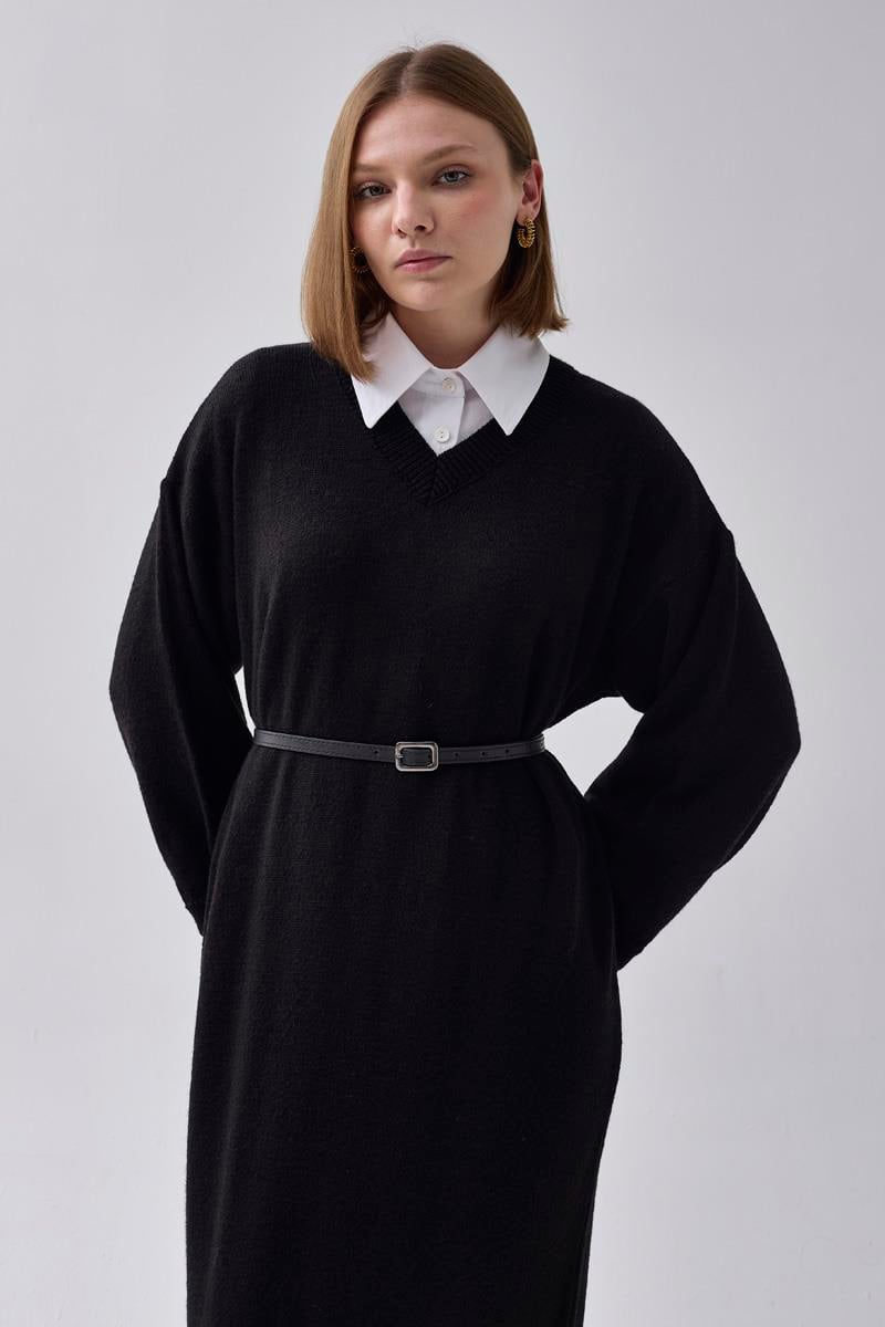 V Yaka Triko Elbise Siyah