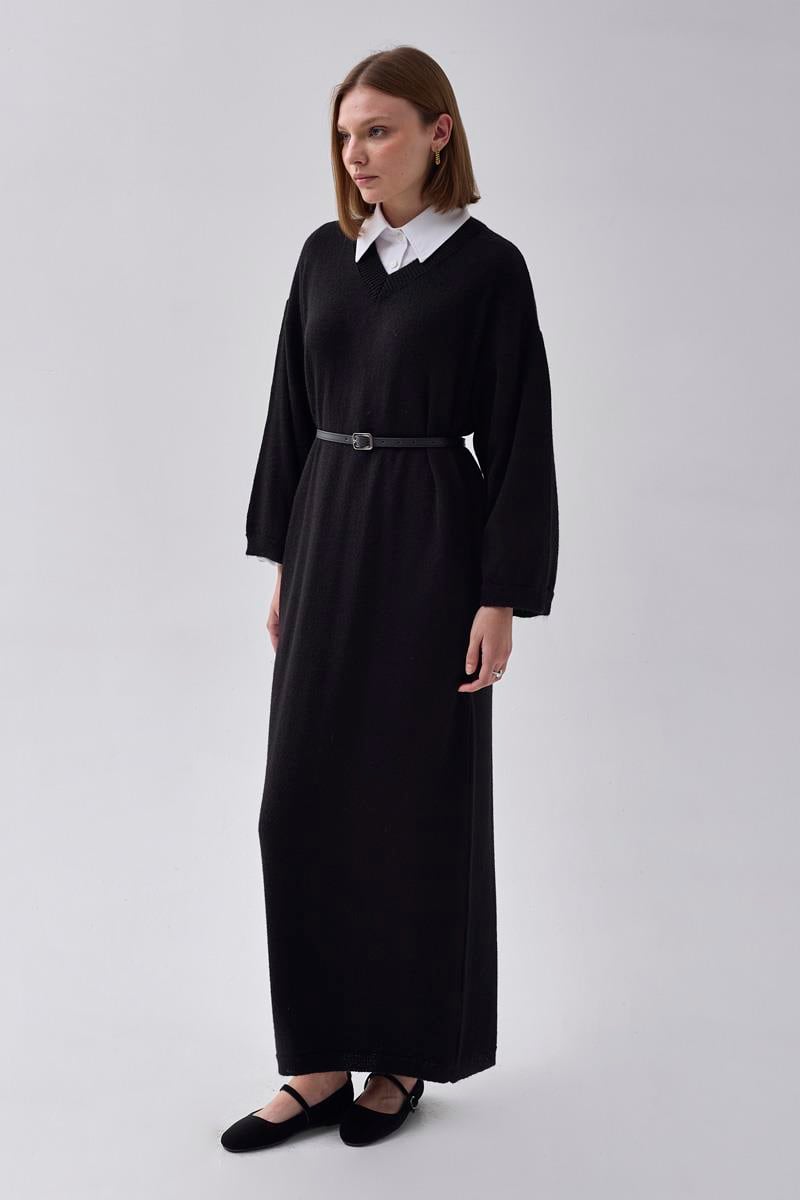 V Yaka Triko Elbise Siyah