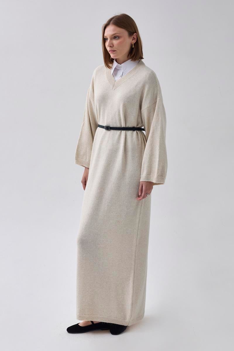 V Yaka Triko Elbise Taş