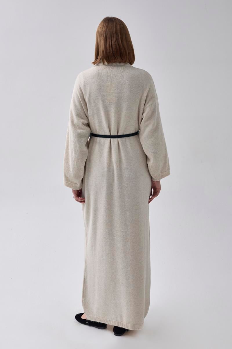 V Yaka Triko Elbise Taş