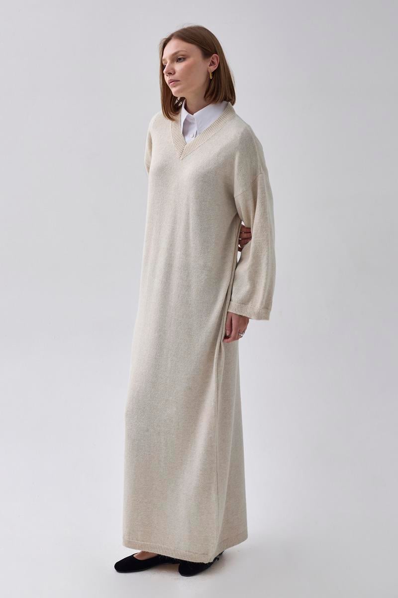 V Yaka Triko Elbise Taş