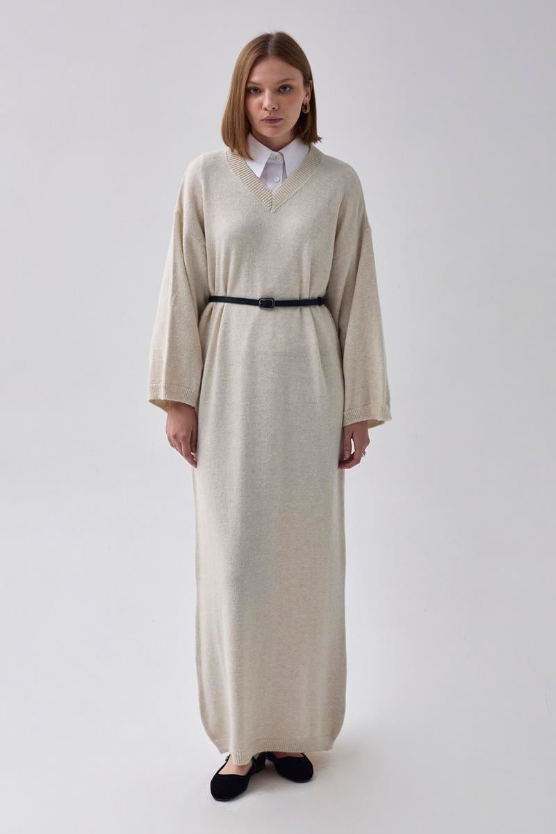 V Yaka Triko Elbise Taş