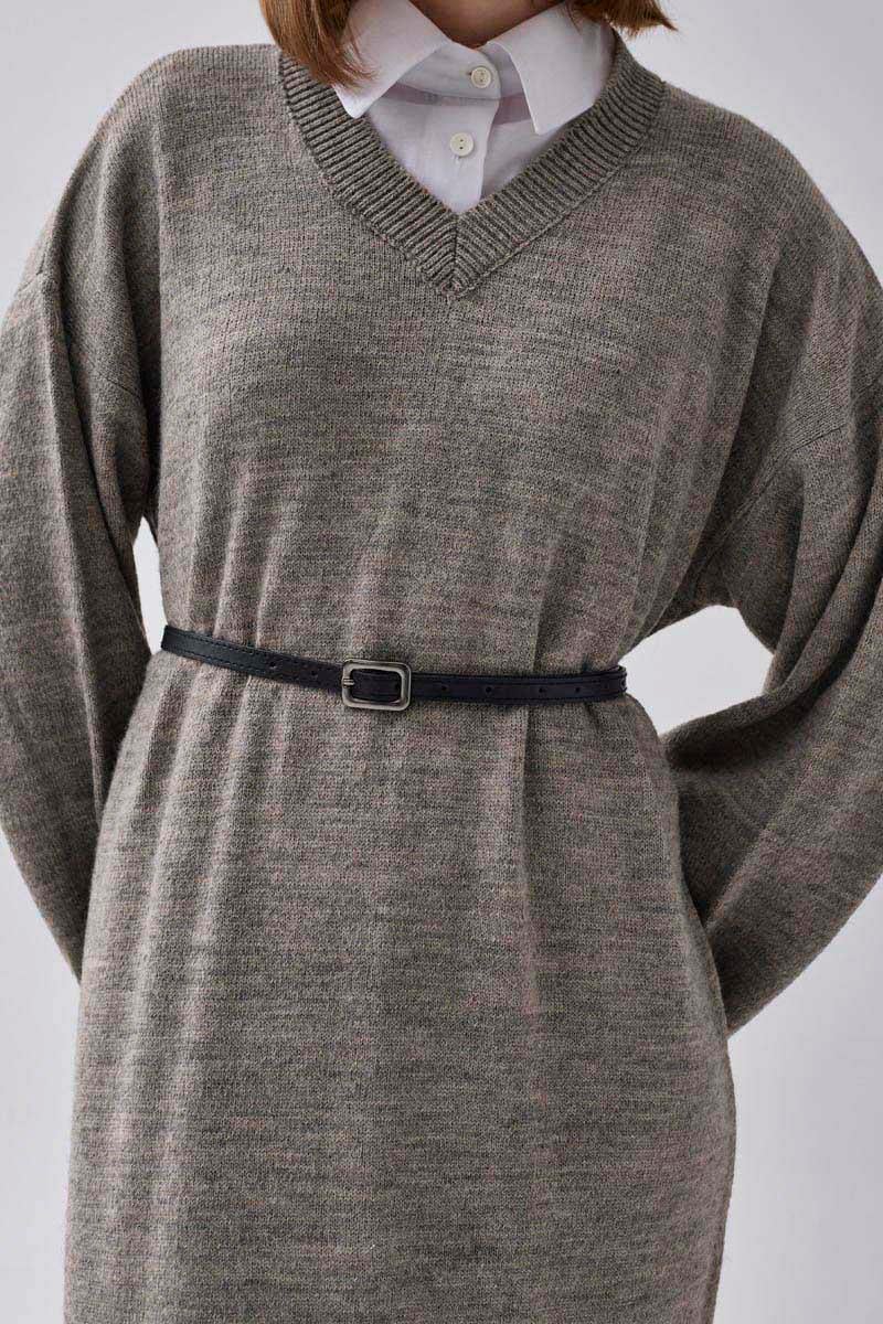 V Yaka Triko Elbise Toprak