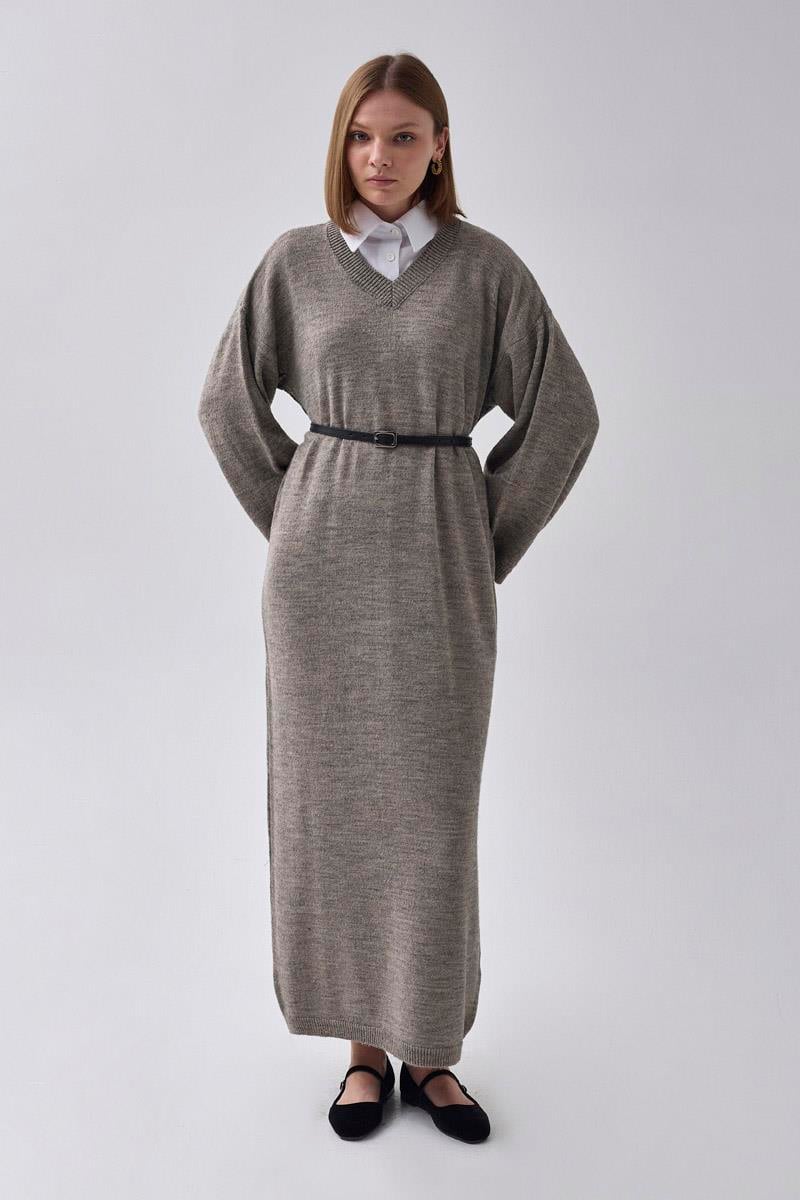 V Yaka Triko Elbise Toprak