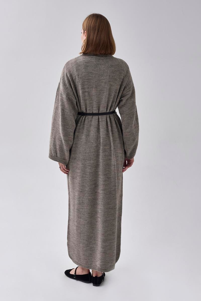 V Yaka Triko Elbise Toprak