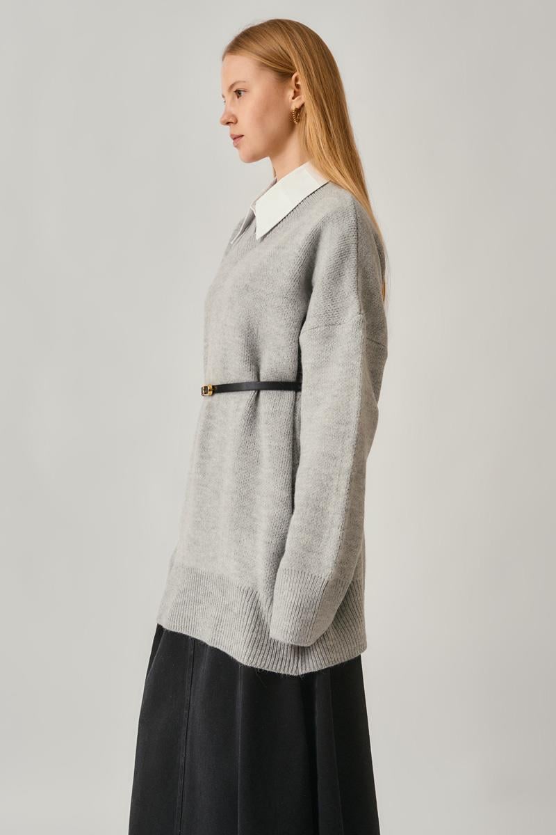 V Yaka Triko Kazak Açık Gri