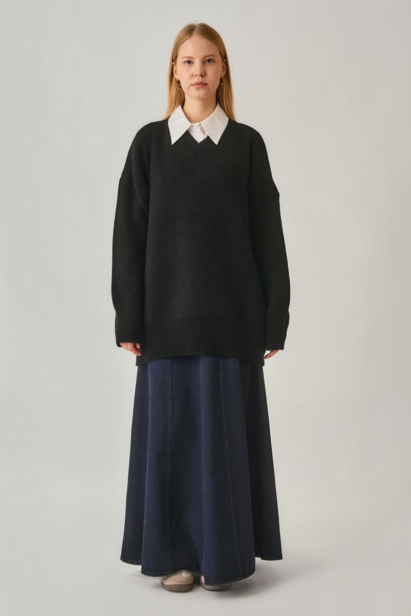 V Yaka Triko Kazak Siyah