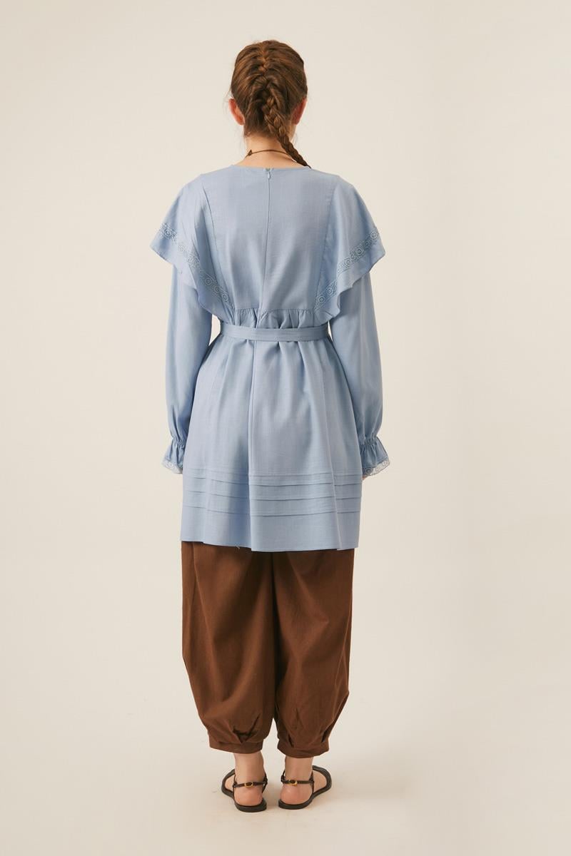 Volan Detaylı Dantelli Tunik Bebe Mavisi