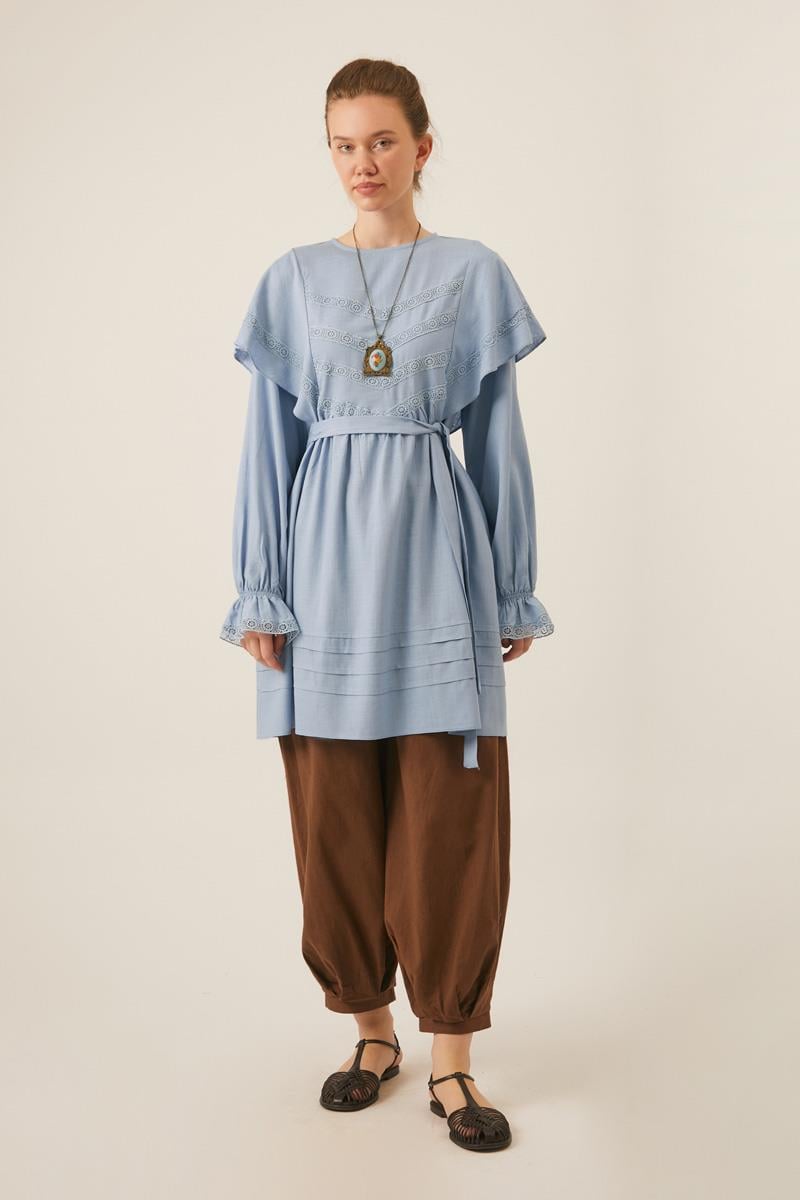 Volan Detaylı Dantelli Tunik Bebe Mavisi