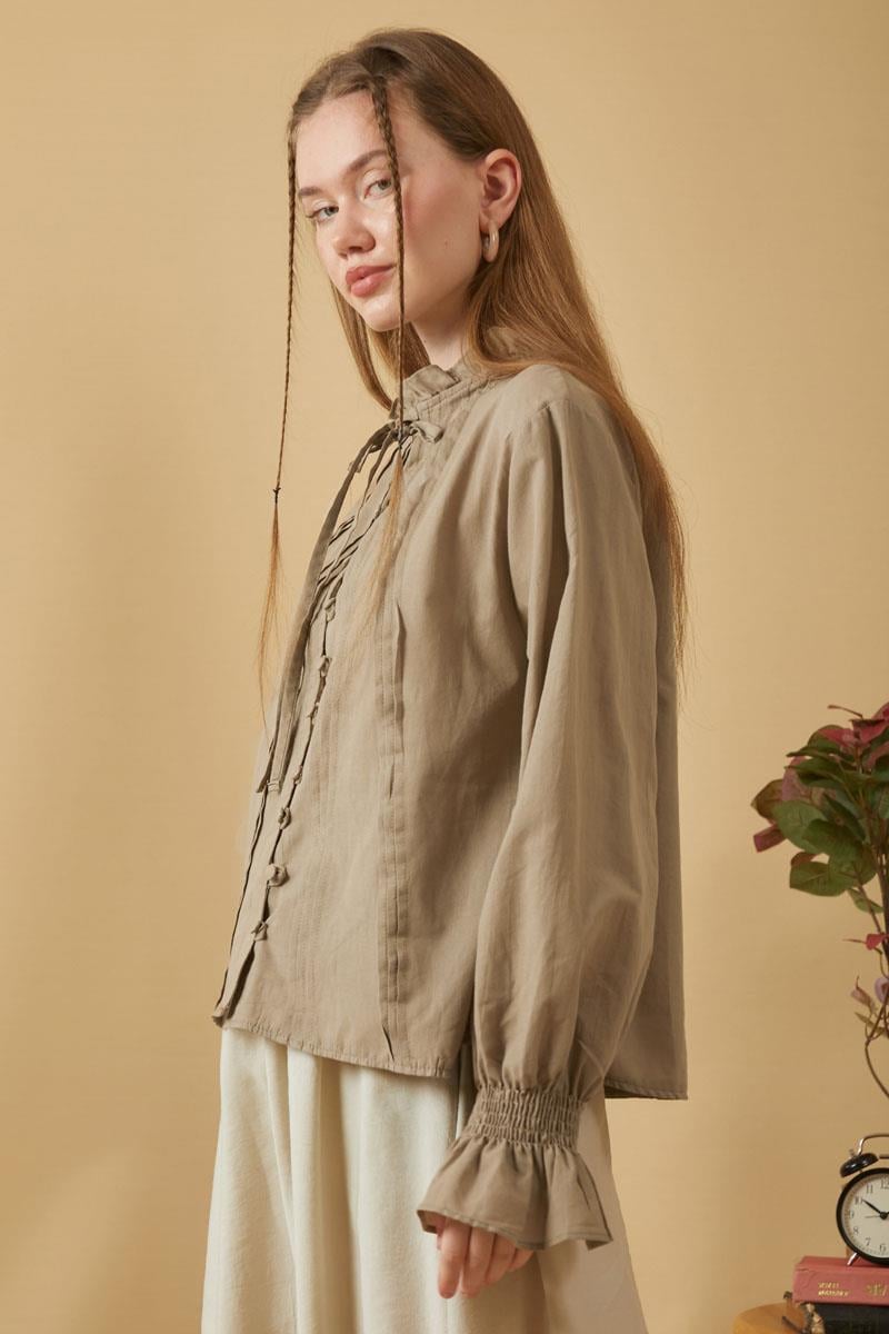 Yakası Bağcıklı Nervürlü Gömlek Taş