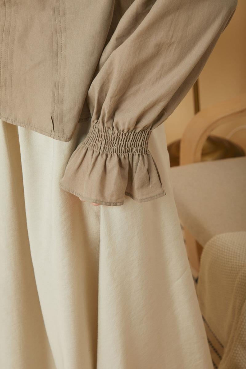 Yakası Bağcıklı Nervürlü Gömlek Taş