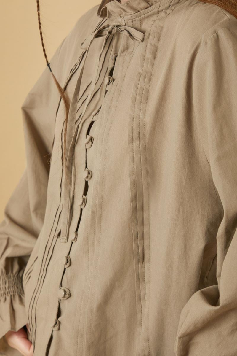 Yakası Bağcıklı Nervürlü Gömlek Taş