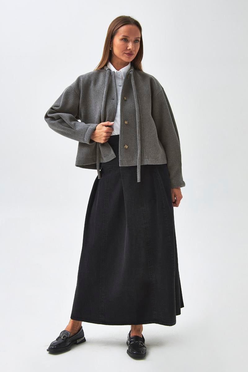 Yakası Bağlamalı Kısa Ceket Gri