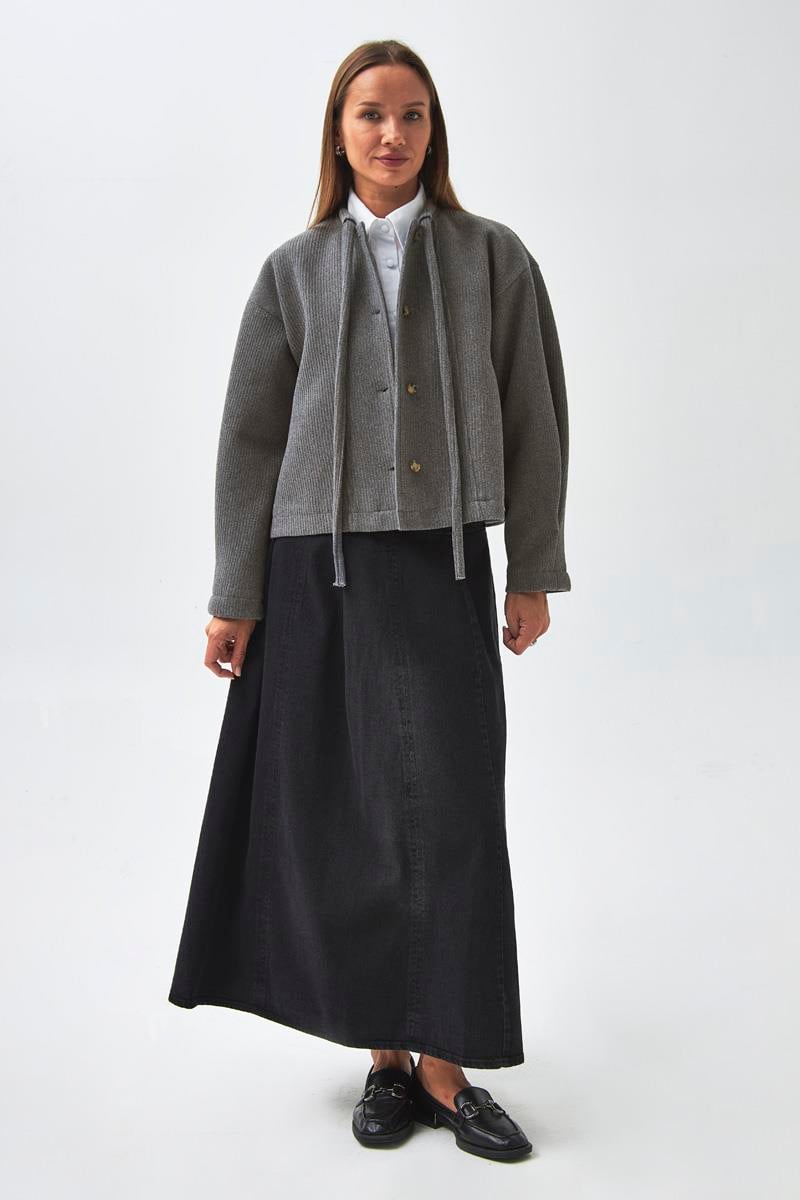 Yakası Bağlamalı Kısa Ceket Gri