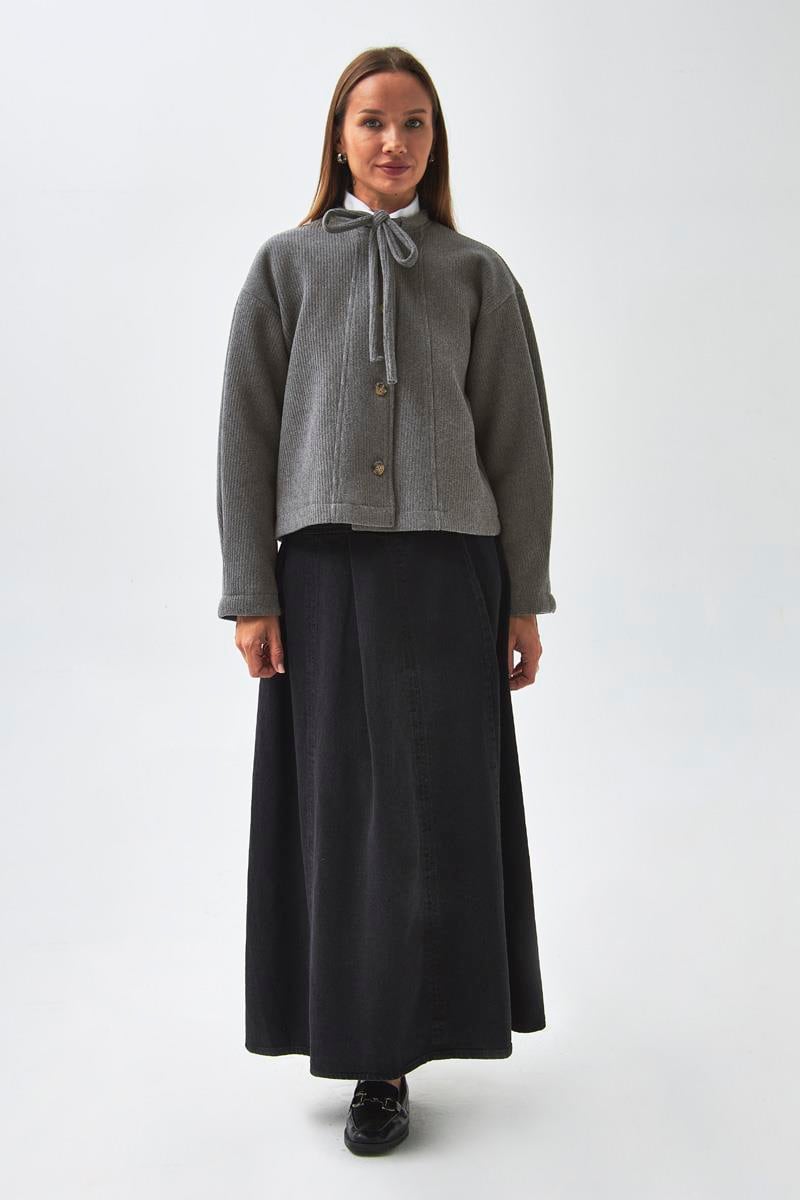 Yakası Bağlamalı Kısa Ceket Gri