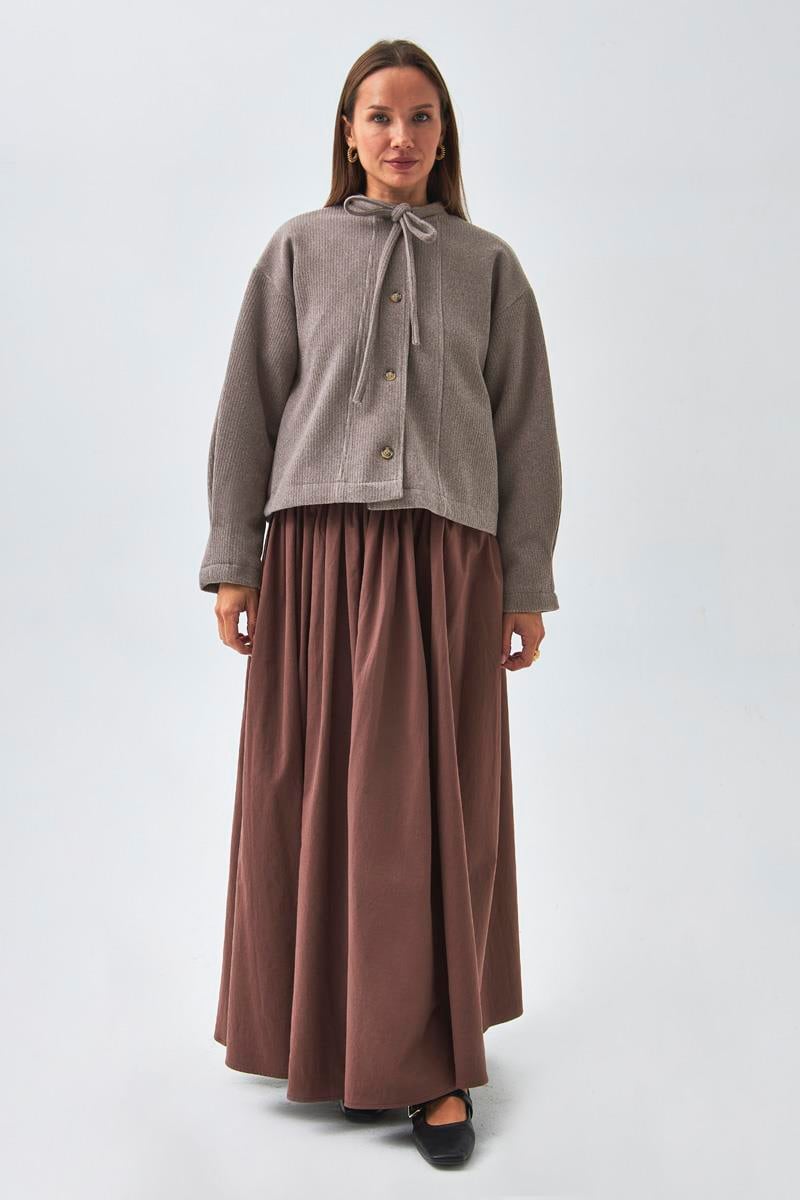 Yakası Bağlamalı Kısa Ceket Vizon