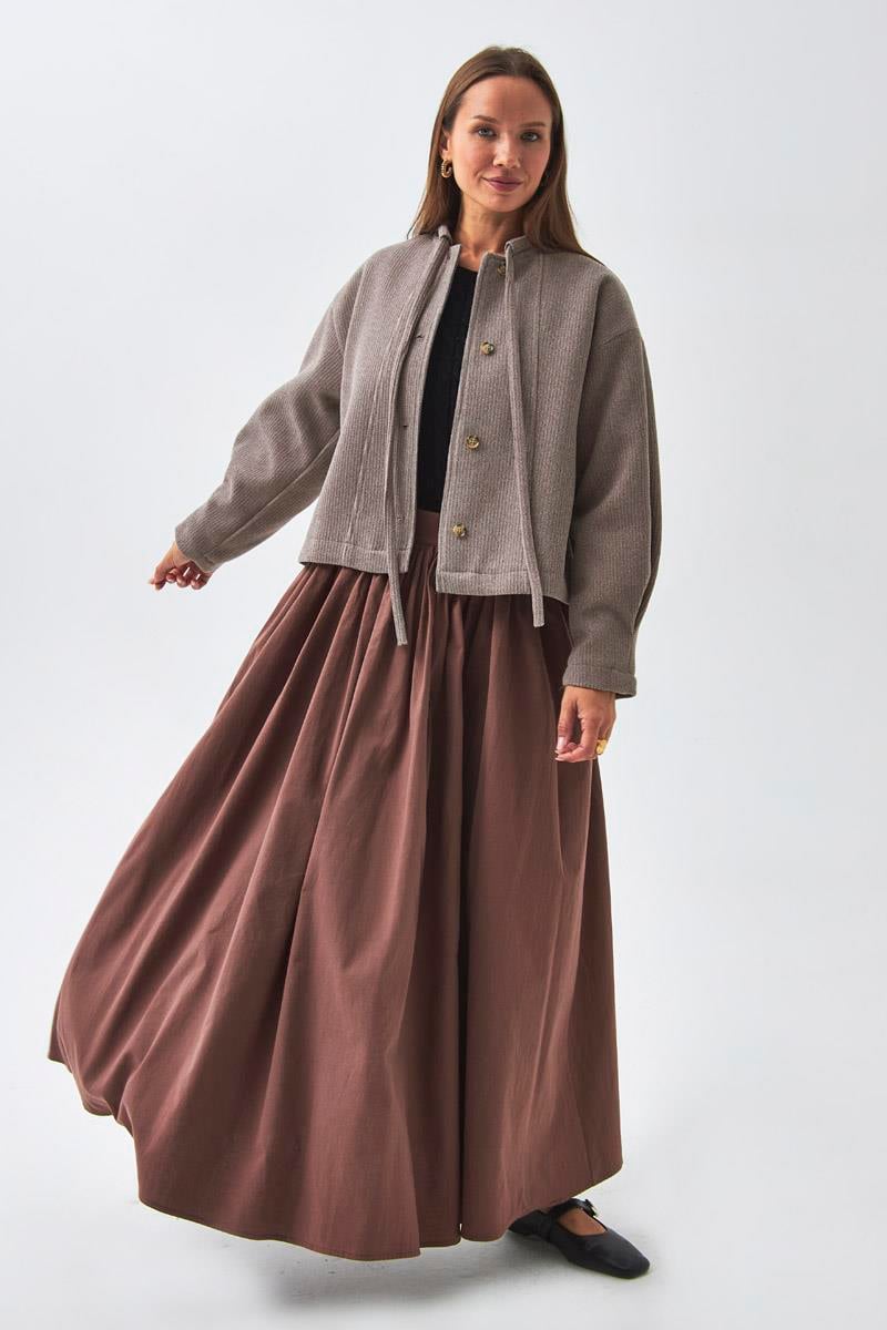 Yakası Bağlamalı Kısa Ceket Vizon