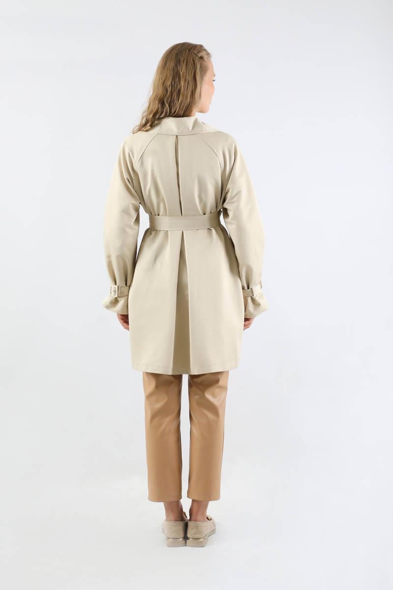 Yakası Desenli Midi Trençkot Ekru